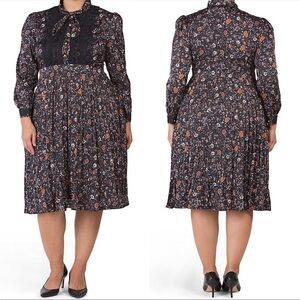 DALIA Macphee Floral Pleated Long Sleeve Midi Dress Black‎ Size 3x New